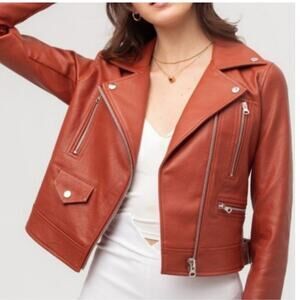 Love Tree Chocolate Brown Faux Leather Moto Jacket Large Biker Vegan‎